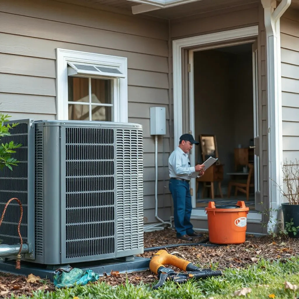 Technician inspecting an outdoor HVAC unit beside a home, with tools and clean airflow visible from an indoor vent