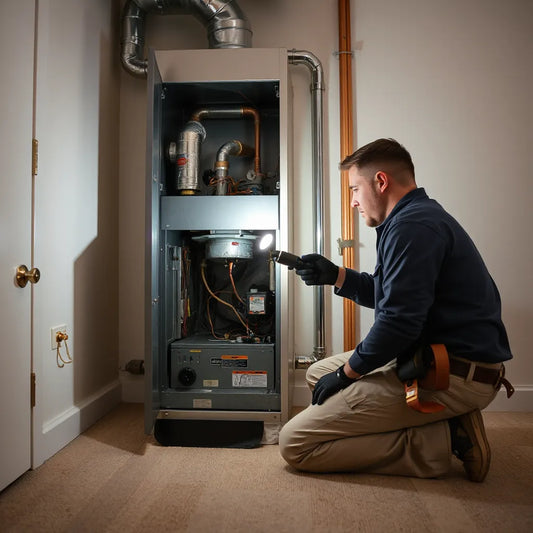 Technician inspecting an open furnace unit in a residential utility room