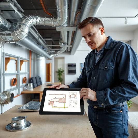 HVAC engineer reviewing ductwork layout with metal duct fittings in a clean mechanical room