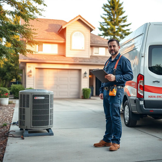 HVAC technician preparing to service an outdoor air conditioning unit at a residential home