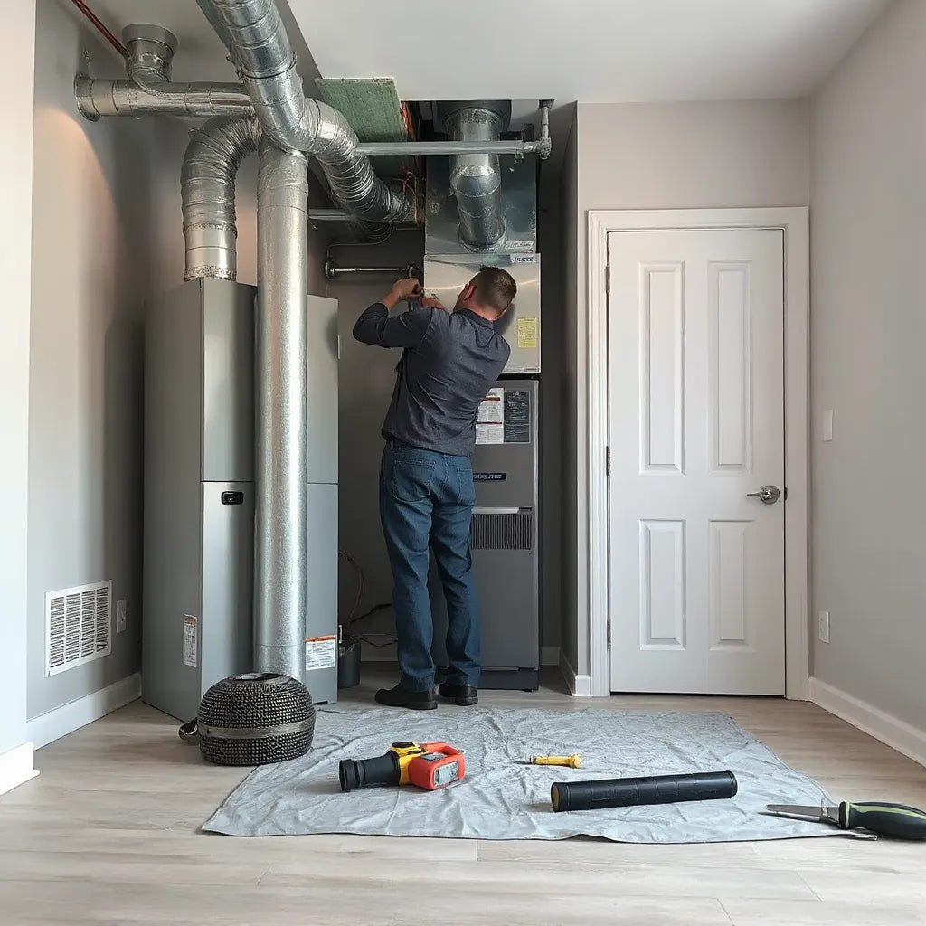 Technician installing a residential ventilation system with connected ducts and vent components in a utility room