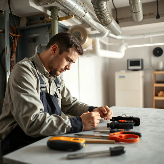 HVAC technician inspecting aligned ductwork and wiring in an indoor air handler system