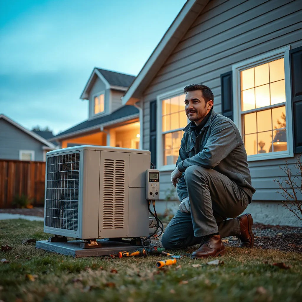 HVAC technician servicing an outdoor AC unit outside a home during an evening emergency