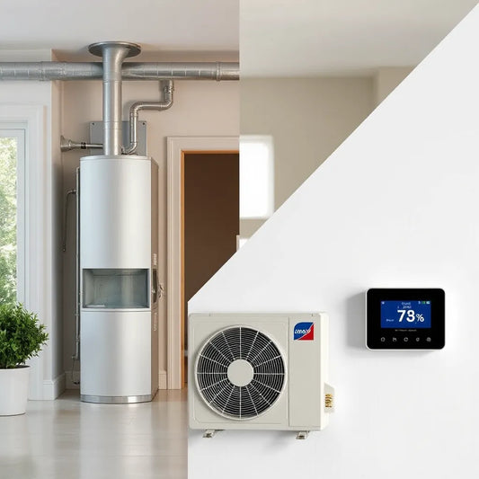 Modern HVAC setup with outdoor unit and thermostat, illustrating efficient home heating and cooling upgrades