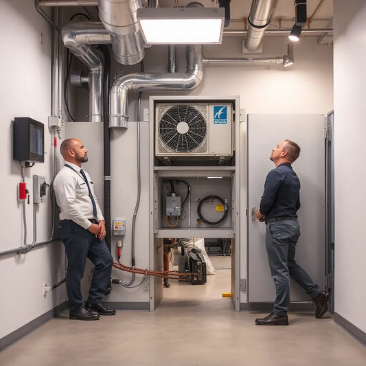 Commercial HVAC technicians inspecting ductwork and HVAC controls in a mechanical room