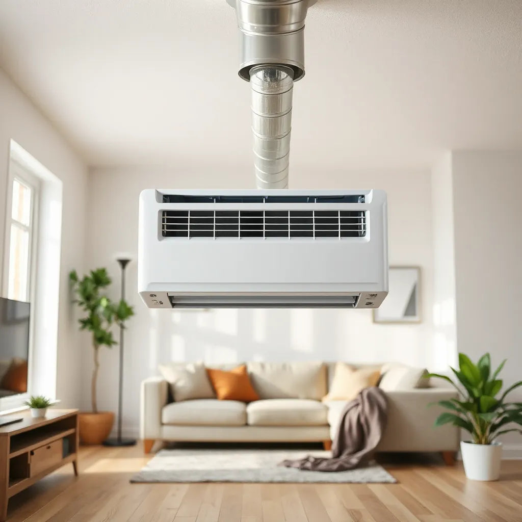 Modern high-efficiency air conditioning unit delivering cool air to a bright, comfortable living space