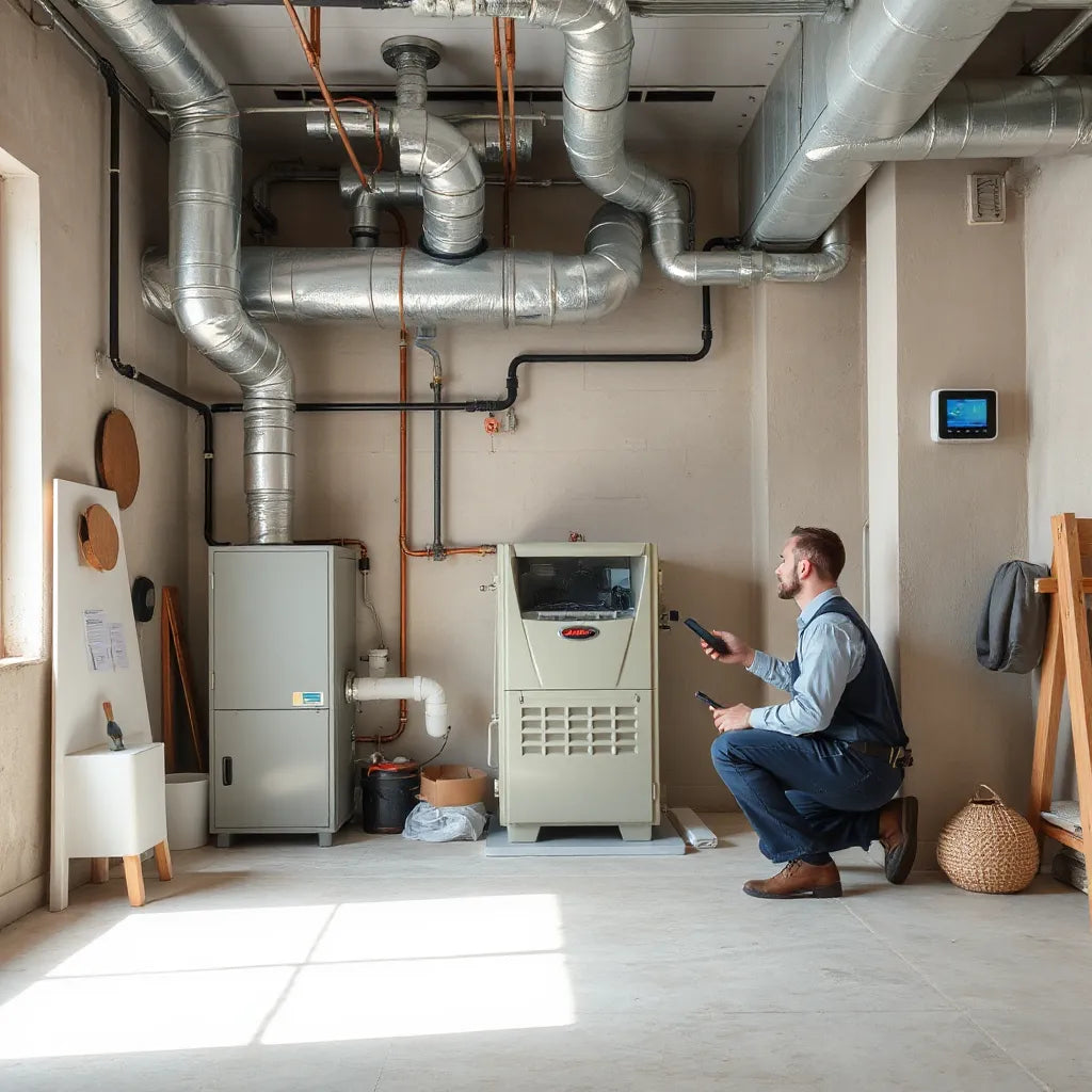 Technician inspecting a modern high-efficiency furnace with visible ductwork and a wall thermostat