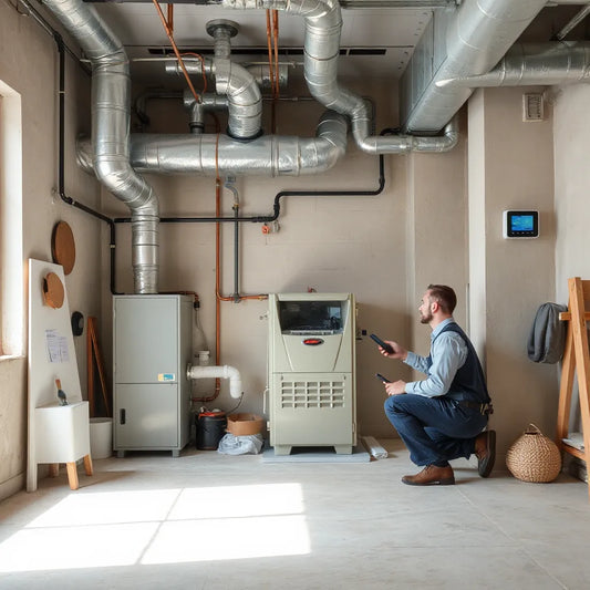 Technician inspecting a modern high-efficiency furnace with visible ductwork and a wall thermostat