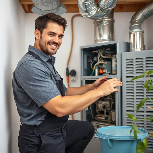 HVAC technician inspecting a home furnace and ductwork in a clean utility space