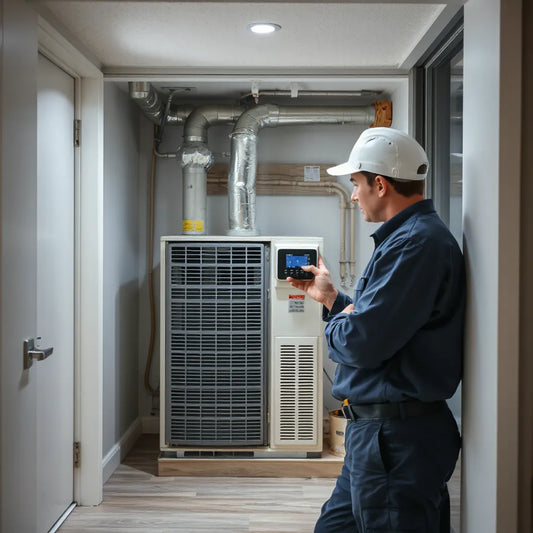 Technician inspecting an air handler and thermostat in a clean home HVAC closet