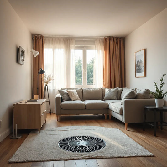 Warm living room with a thermostat being adjusted for personalized comfort and gentle air circulation