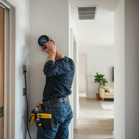 Technician mounting a smart thermostat on a wall in a bright home hallway near an HVAC vent