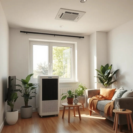 Clean living room with air purifier, indoor vent, and hygrometer for monitoring indoor air quality
