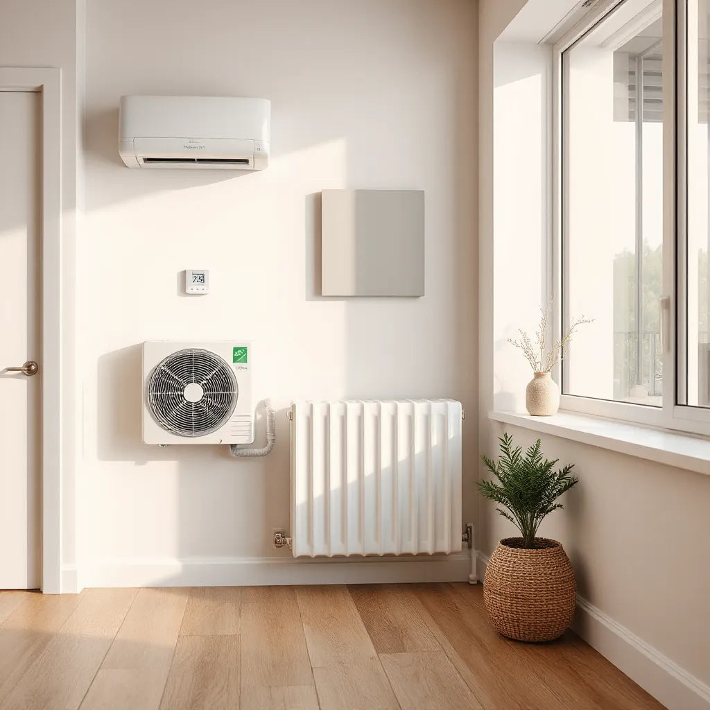 Modern heat pump and thermostat in a bright, minimal home interior for cleaner heating