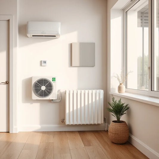Modern heat pump and thermostat in a bright, minimal home interior for cleaner heating