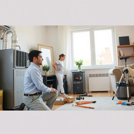 HVAC technician explaining heating and air system options to a homeowner in a clean living space