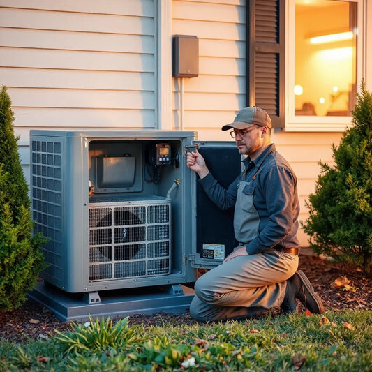 Technician checks an outdoor AC unit for repair with tools beside a suburban home