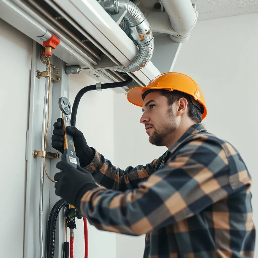 HVAC technician making precise duct and refrigerant line connections during a careful indoor installation