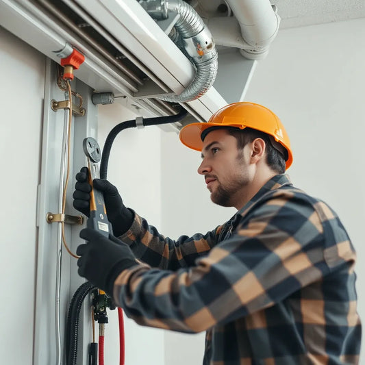 HVAC technician making precise duct and refrigerant line connections during a careful indoor installation