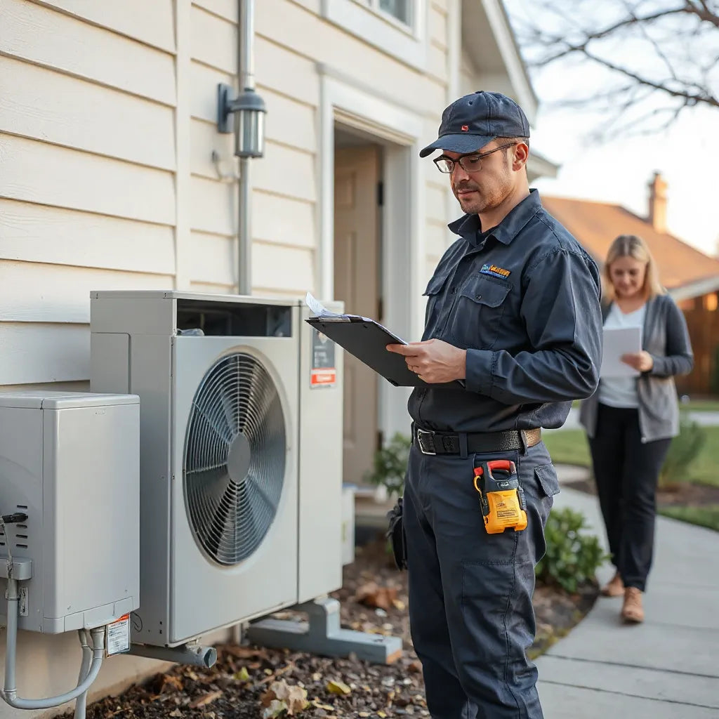 HVAC technician inspecting an outdoor AC unit while reviewing a checklist with a homeowner
