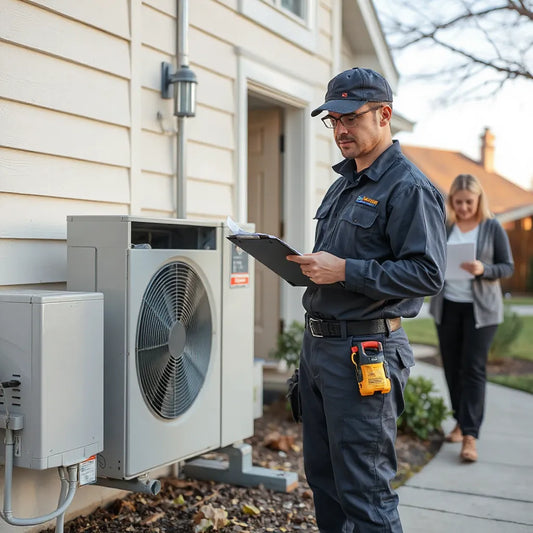 HVAC technician inspecting an outdoor AC unit while reviewing a checklist with a homeowner