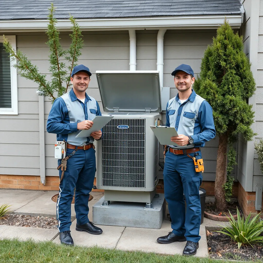 Licensed HVAC technicians inspecting an air conditioner and service panel with diagnostic tools