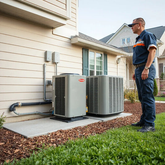 Technician installing an outdoor HVAC unit beside a home with connected refrigerant lines