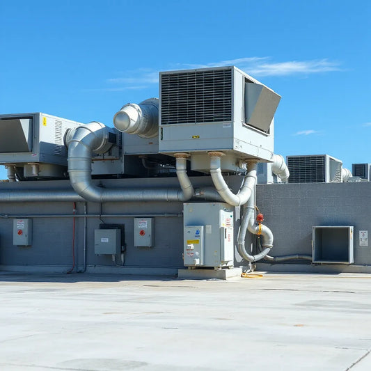 Rooftop commercial HVAC units and ductwork serving a modern building