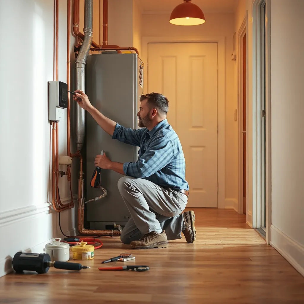 Technician inspecting a home heater and thermostat during an urgent heating repair