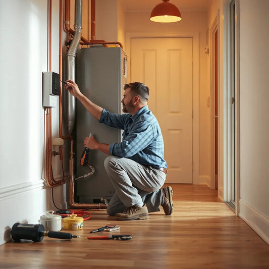Technician inspecting a home heater and thermostat during an urgent heating repair