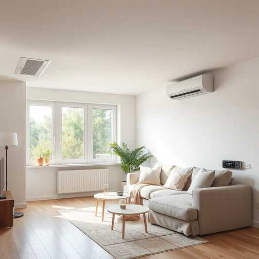 Modern living room showing quiet, clean airflow setup with discreet HVAC vent and thermostat