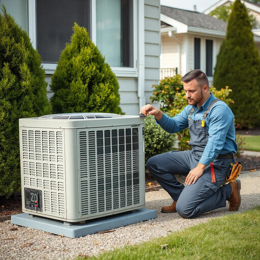 Technician inspecting an outdoor air conditioner unit beside a home for AC repair