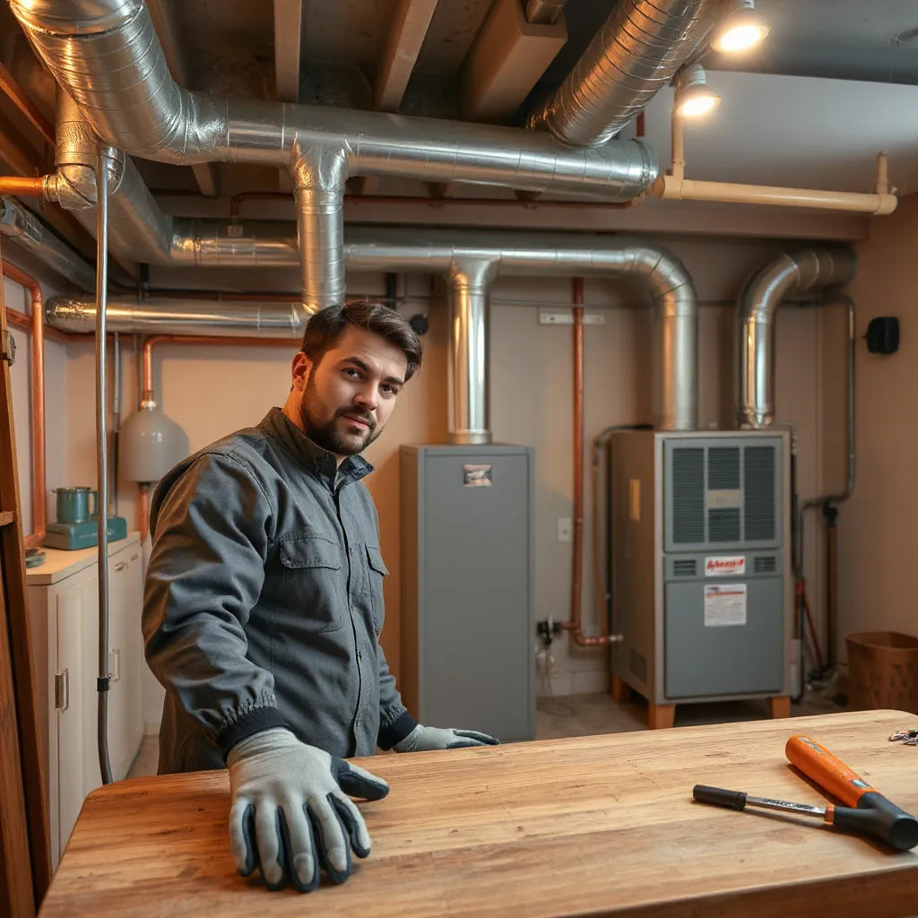 Technician installing a new furnace and ductwork in a modern basement mechanical room