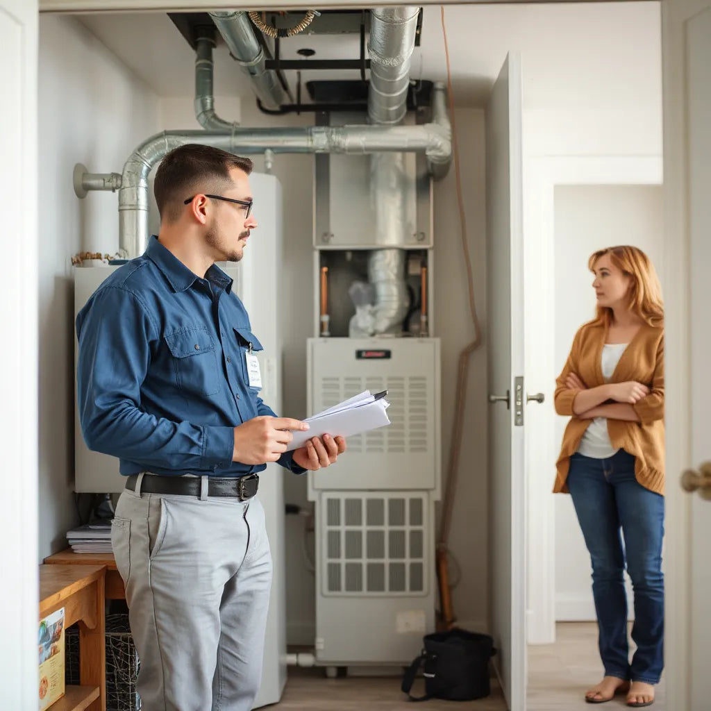 HVAC technician reviewing a residential furnace setup with a homeowner in a clean utility closet
