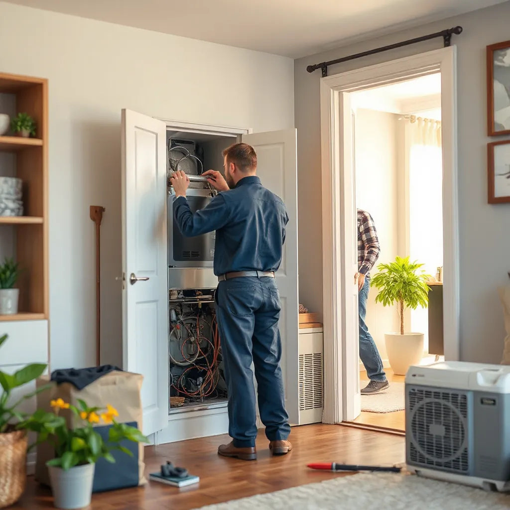 HVAC technician inspecting a residential furnace with homeowner nearby in a clean, well-lit home