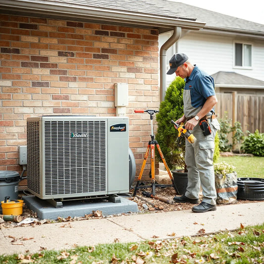 Technician inspecting a central outdoor air conditioning unit in a suburban backyard