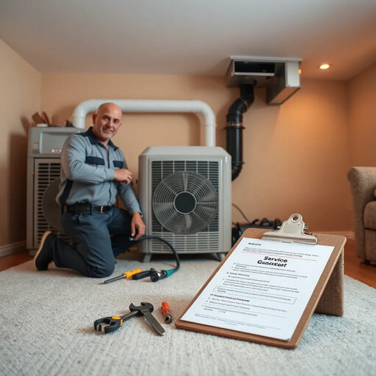 Technician inspecting a home HVAC air handler with tools and a nearby service checklist folder