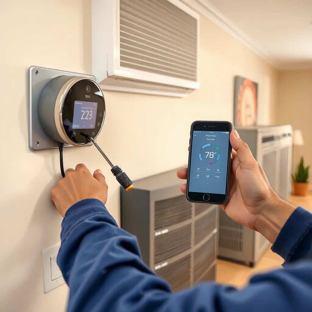 Technician mounting a smart thermostat on a wall with neatly managed wiring and tools nearby