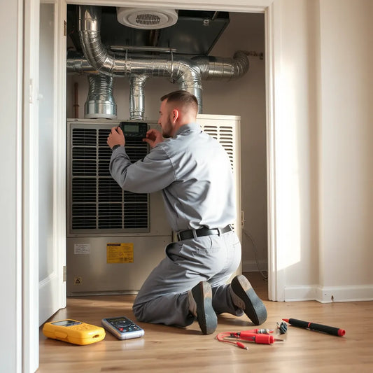 Technician inspecting an indoor HVAC air handler and filter in a residential utility closet