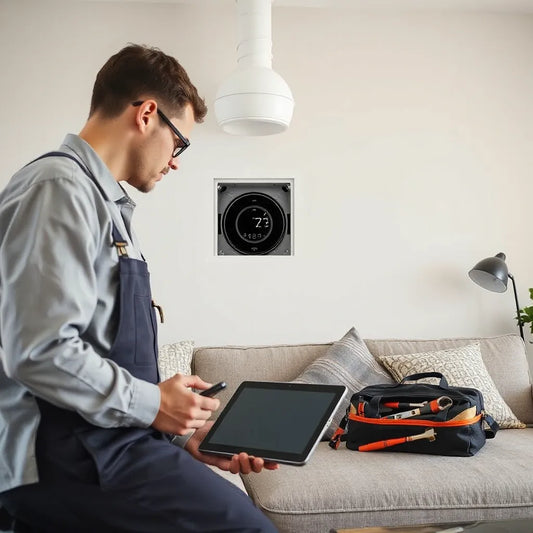 HVAC technician inspecting ductwork and thermostat in a modern living room for tailored home comfort