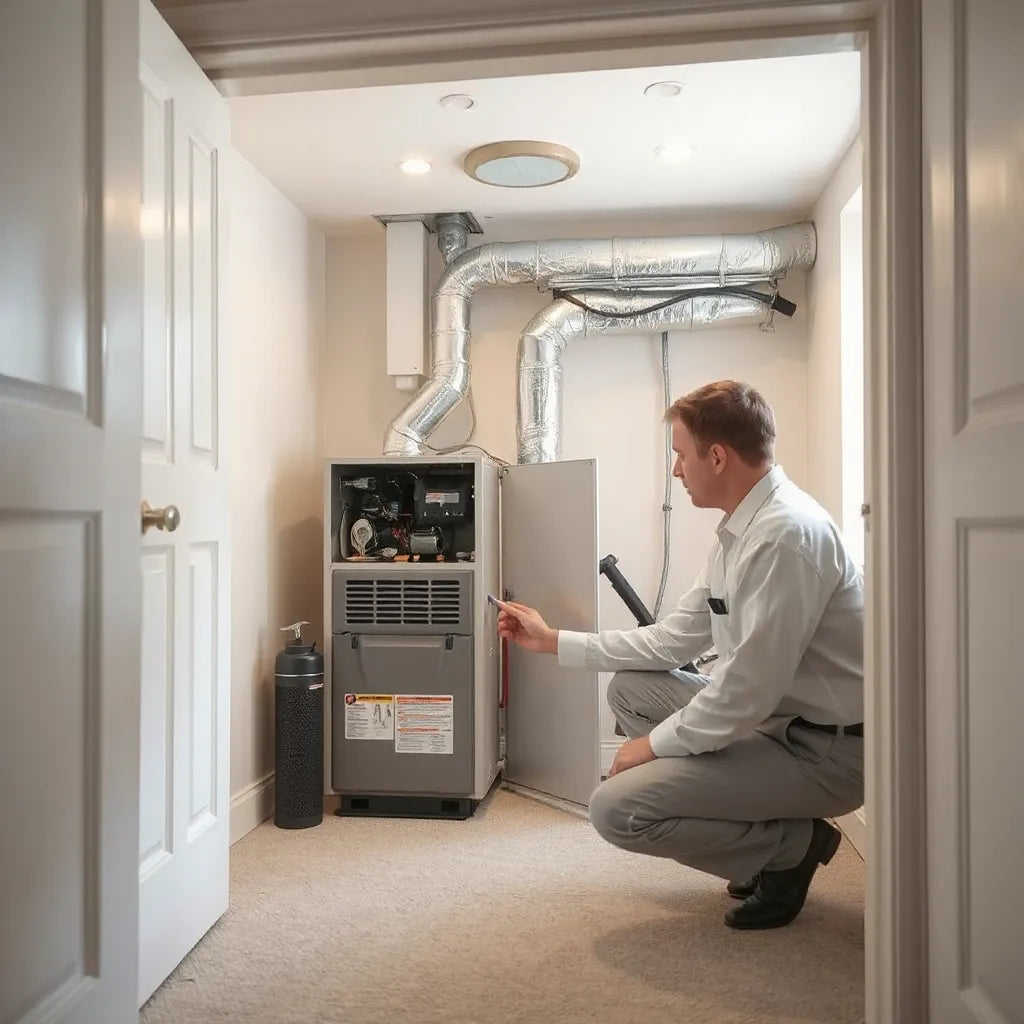 Technician inspecting a modern home heating system in a clean utility closet