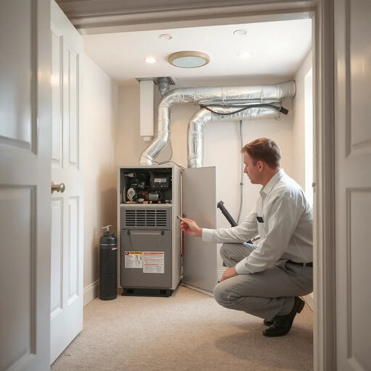 Technician inspecting a modern home heating system in a clean utility closet