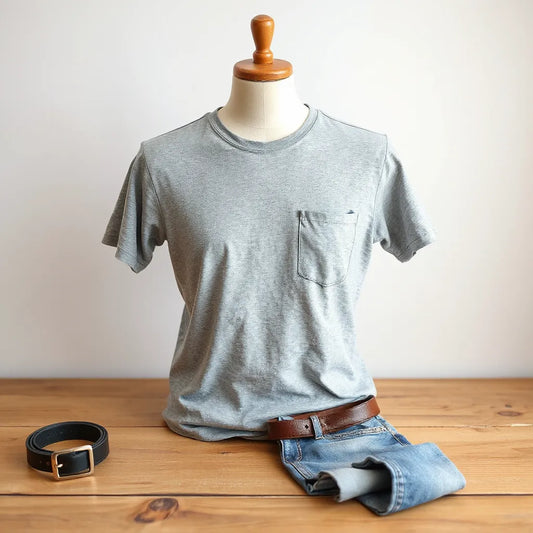 Heathered pocket tee with visible chest pocket and crew neck, styled with simple jeans
