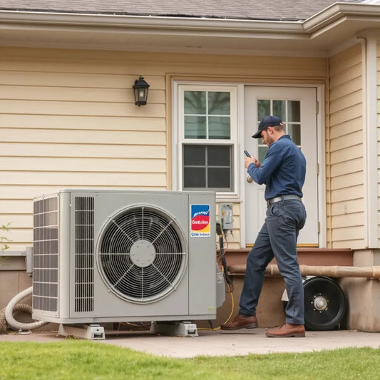 HVAC technician inspecting an outdoor heat pump unit beside a home during a service visit