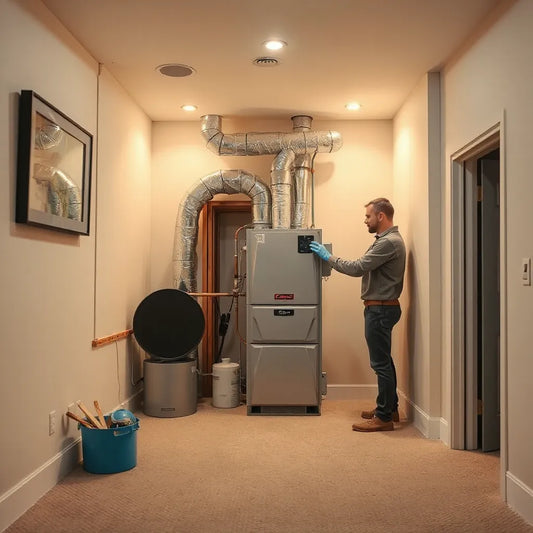 Technician inspecting a modern home heating system with ductwork in a clean mechanical room