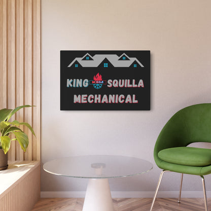 Decorative sign for King Squilla Mechanical on a wall above a green chair and glass table.