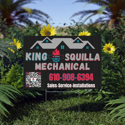 Promotional sign for King Squilla Mechanical with contact information on a grassy background