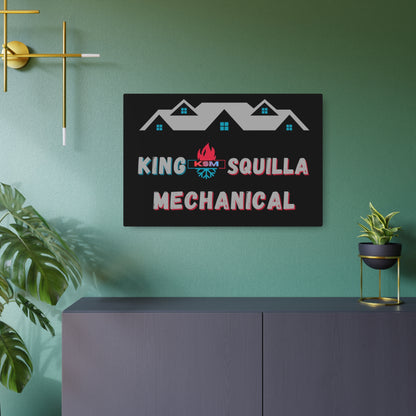 Decorative sign for King Squilla Mechanical on a green wall with a plant and cabinet in the foreground.