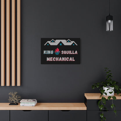 Framed poster with 'King Squilla Mechanical' text on a dark wall above a wooden shelf.