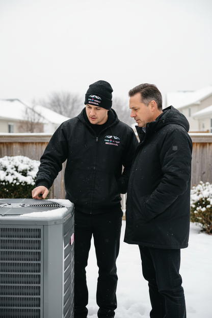 HVAC Technician wearing King Squilla Mechanical black beanie - winter consultation